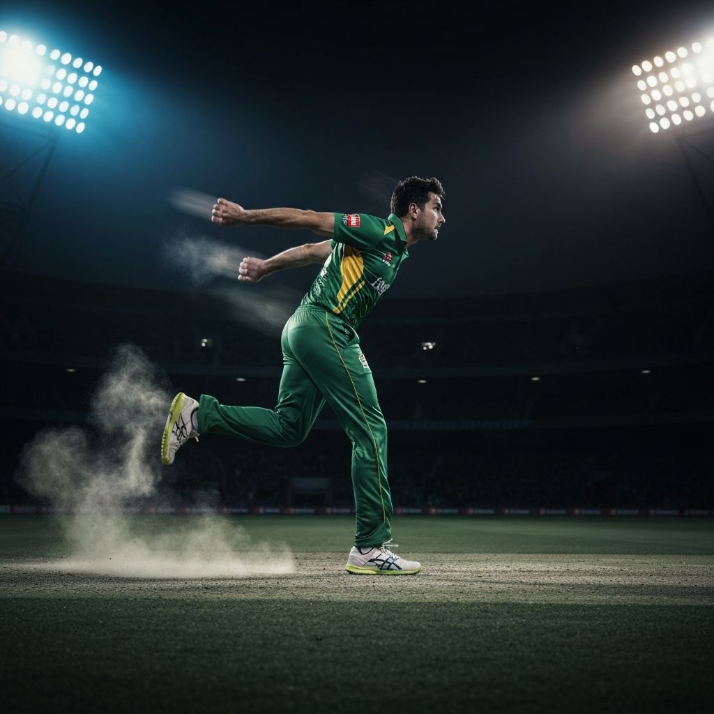 Fast bowler in mid-delivery stride