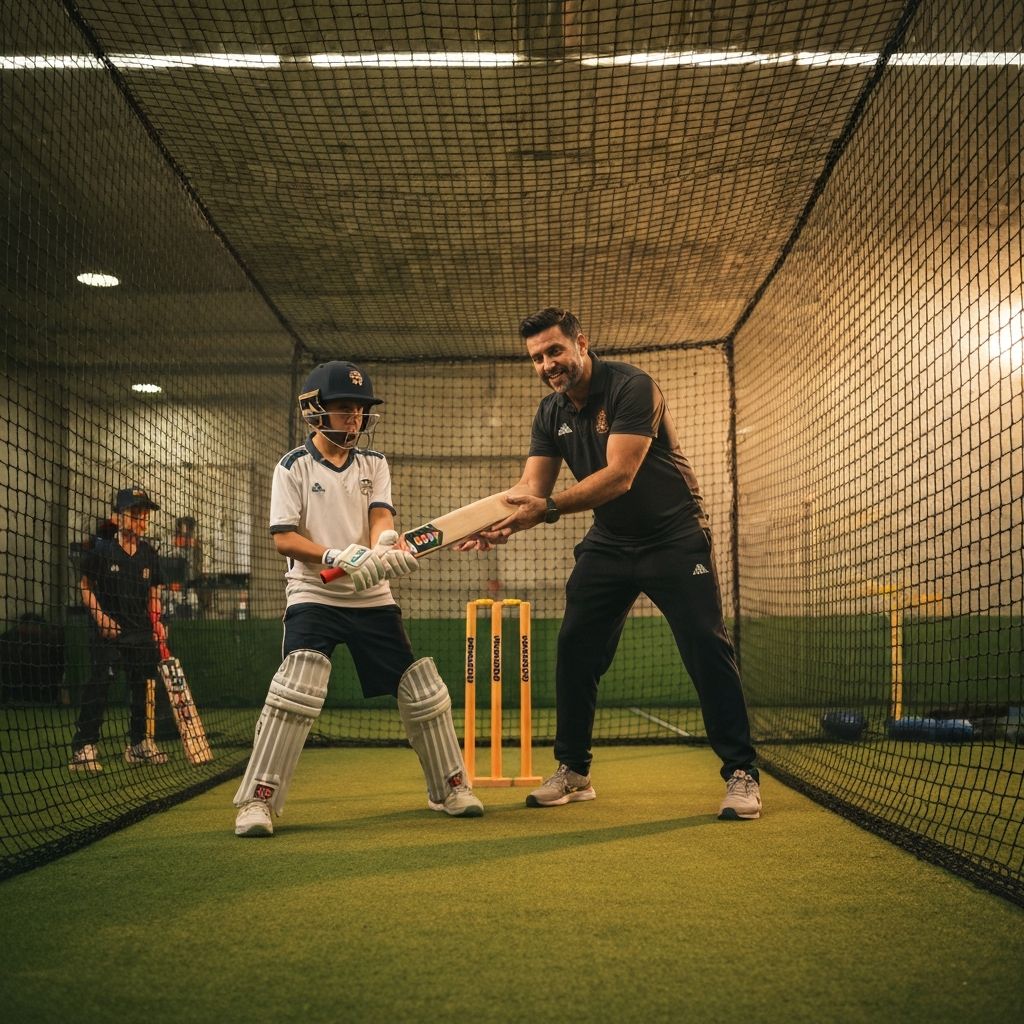 Coach training a young player in nets